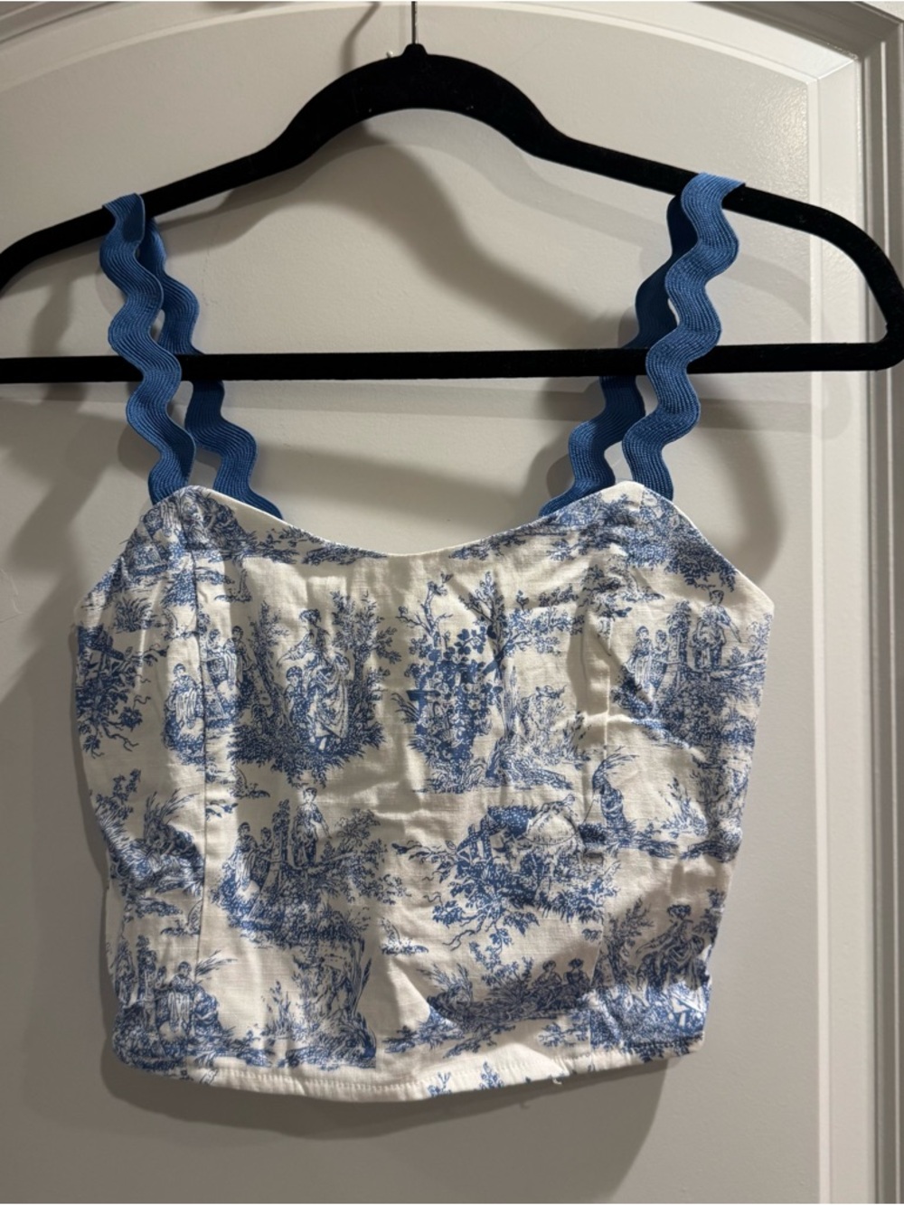 Blue Toile Crop Tank Top with Scalloped Straps